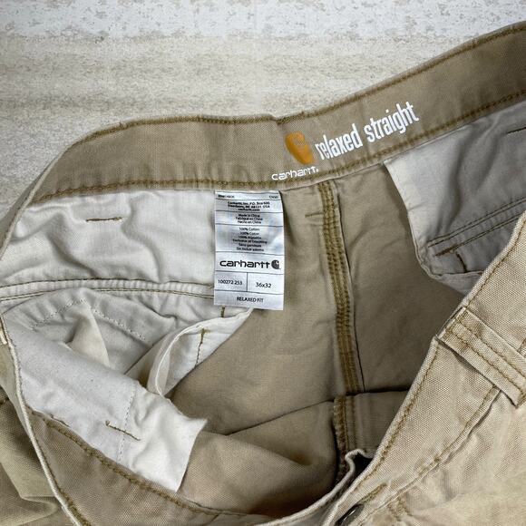 Vintage 90s Carhartt Cargo Pants 36x32 Baggy Wide Leg Tan Canvas Dungarees - Picture 4 of 7